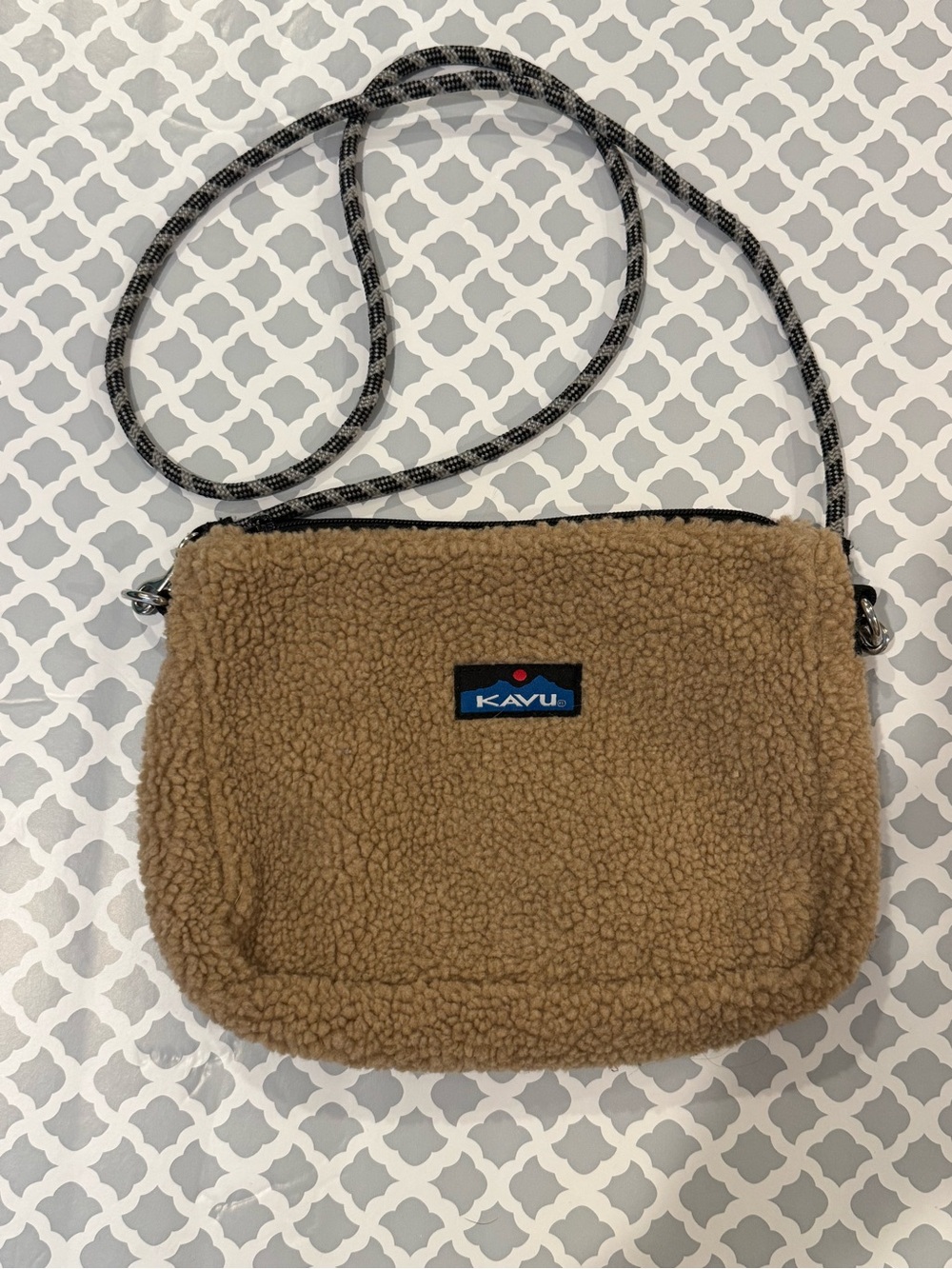 Kavu Beige Sherpa Crossbody Bag with Blue Logo Patch